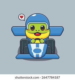 Cute chameleon mascot cartoon character illustration riding race car