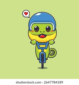 Bonito camaleão mascote personagem de desenho animado passeio de ilustração na bicicleta