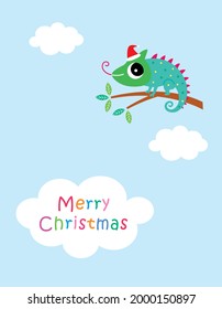 cute chameleon merry christmas greeting card vector illustration