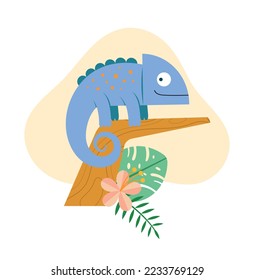 Cute chameleon on a branch with tropical leaves and flower, vector illustration. Perfect for baby shower, nursery and kids wall art, t-shirt print.