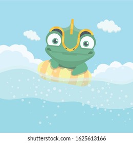 Cute chameleon on pastel background.