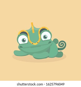 Cute chameleon on pastel background.
