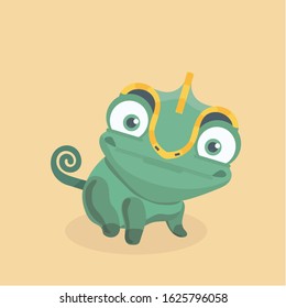 Cute chameleon on pastel background.
