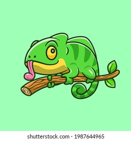 Cute Chameleon On The Tree Cartoon Vector Icon Illustration. Animal Nature Icon Concept Isolated Premium Vector. Flat Cartoon Style