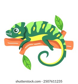 cute chameleon on tree trunk cartoon illustration. unique animal concept that can camouflage. colorful design good for children's t-shirts, picture books, stickers and others