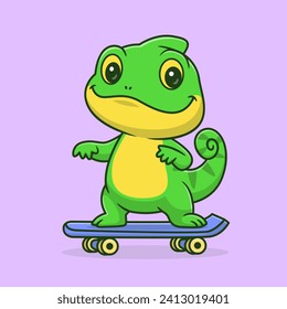 Cute Chameleon Playing Skateboard Cartoon Vector Icon
Illustration. Animal Sport Icon Concept Isolated Premium
Vector. Flat Cartoon Style