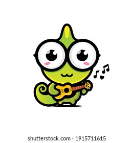 a cute chameleon playing the ukulele