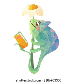 Cute Chameleon reading book. Animals reading. Illustration for kids. Cartoon cute animal.