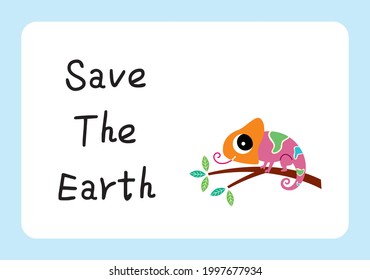cute chameleon save the earth poster vector