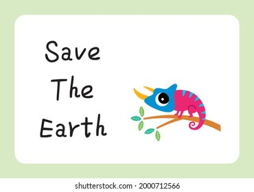 cute chameleon save the earth poster vector