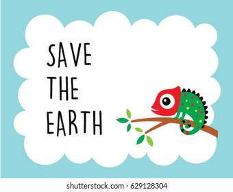 cute chameleon save the earth poster vector