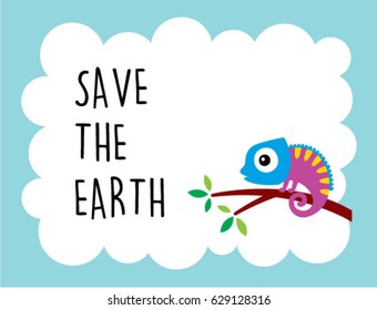 cute chameleon save the earth poster vector