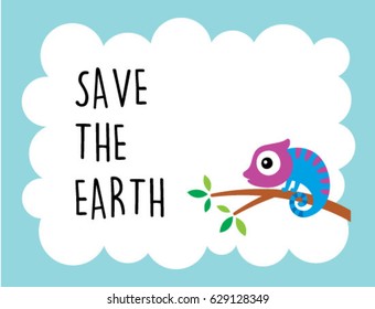 cute chameleon save the earth poster vector