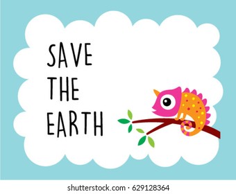 cute chameleon save the earth poster vector