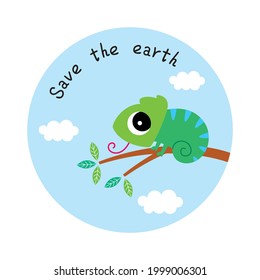 cute chameleon save the earth sticker vector