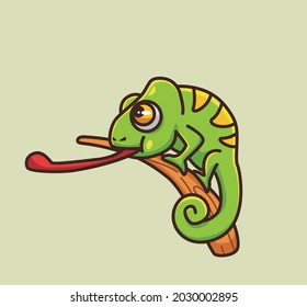 cute chameleon showing his long tongue. cartoon animal nature concept Isolated illustration. Flat Style suitable for Sticker Icon Design Premium Logo vector. Mascot Character