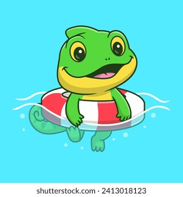 Cute Chameleon Swimming With Swimming Tires Cartoon 
Vector IconIllustration. Animal Holiday Icon Concept Isolated 
Premium Vector. Flat Cartoon Style
