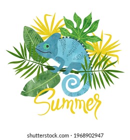 Cute chameleon and tropical leaves. Watercolor summer vector illustration.