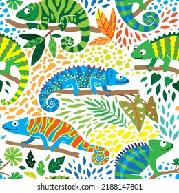 cute chameleon with tropical plants seamless pattern