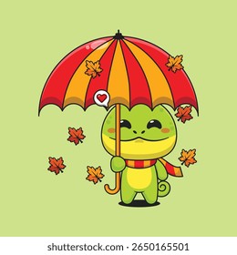 Cute chameleon with umbrella in autumn cartoon vector illustration