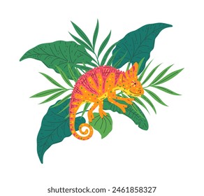 Cute chameleon vector character showing beautiful patterns posing in their natural habitat in the jungle. Perfect for design with exotic lizards or pet concepts