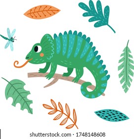 Cute Chameleon. Vector illustration with floral elements.
