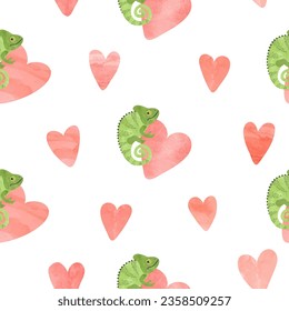 Cute chameleon and watercolor hearts seamless pattern. Vector love background