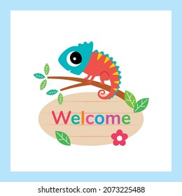 cute chameleon welcome sign board vector