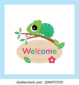 cute chameleon welcome sign board vector