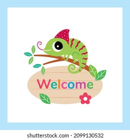 cute chameleon welcome sign board vector