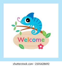 cute chameleon welcome sign board vector
