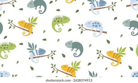 Cute chameleons seamless pattern background. Baby seamless pattern. Creative scandinavian kids texture for fabric, textile, wallpaper, apparel.