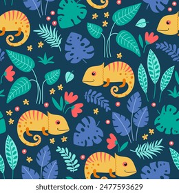 Cute chameleons seamless pattern with with tropical leaves and flowers on a blue background. Cartoon tropical lizard vector illustration. Use for textile, fabric, wallpaper and other surface design.