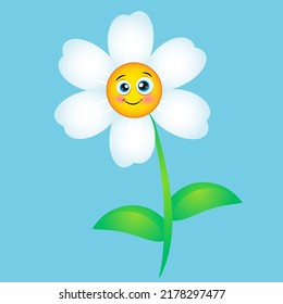 Cute chamomile character natural plant with green stem. Vector Cartoon Illustration. Funny smiling daisy organic flower. Blossom floral person.