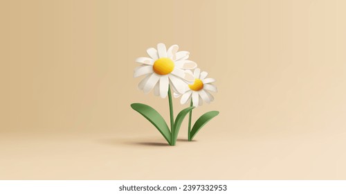 Cute chamomile or daisy flowers on stem with leaves 3D illustration. Cartoon render style icon