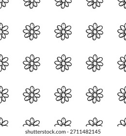 Flores bonitas de camomila, esboço preto e branco. Ilustração vetorial. Padrão floral desenhado à mão sem costura isolado em um fundo branco. Fundo artístico.