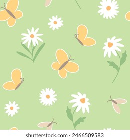 Cute chamomile flowers, insects vector seamless pattern. Simple ornament for children's designs.