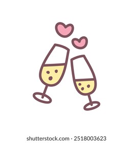 Ícone bonito de taças de champanhe. Ilustração desenhada à mão de dois copos de vinho aplaudindo isolados em um fundo branco. Dia de São Valentim de Kawaii. Vetor 10 EPS.