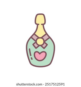 Cute champagne icon. Hand drawn illustration of a sparkling wine bottle decorated with a heart isolated on a white background. Kawaii St. Valentine day sticker. Vector 10 EPS.