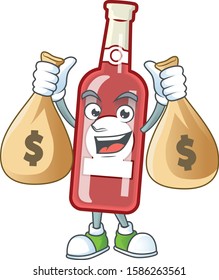 Cute champagne red bottle cartoon character smiley with money bag