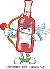 Cute champagne red bottle Cupid cartoon character with arrow and wings