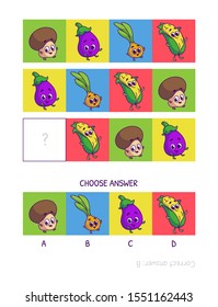 Cute champignon, eggplant, onion, corn. Logic game for children preschool worksheet activity for kids, task for the development of logical thinking and mind. Funny cartoon fruits and vegetables.