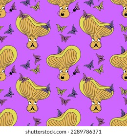 Cute chanterelle mushroom seamless pattern. Purple background with happy fungus with butterflies in flat retro style.

