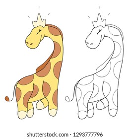 Cute characer for coloring book or page, birthday`s theme: a little princess giraffe, vector animal on the white background, isolated cartoonish item for children