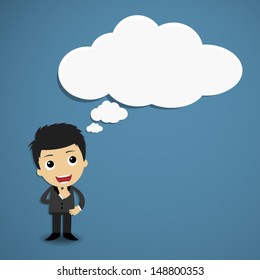 cute characte businessman thinking with cloud bubble for text.