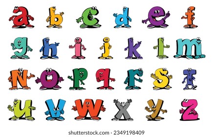 Cute character alphabet for kids' education. Funny hand drawn style alphabet. English alphabet with cute cartoon character vector illustrations set. Isolated small letters in beautiful colors