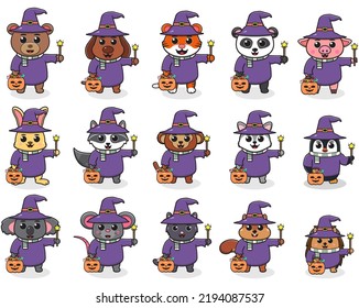 Cute Character Animal Cartoon with wizard costume. Halloween holiday cute animals in costumes set. Vector illustration.