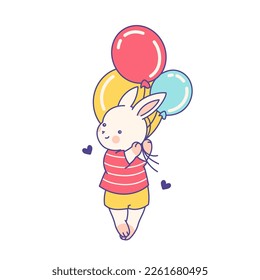 Cute character animal print or sticker with funny bunny. Adorable nursery t shirt print, baby tee design concept, kids Birthday card decoration. Isolated drawn vector rabbit with balloons.