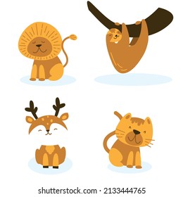 Cute character animals. Vector leon, sloth, deep, cat in flat style