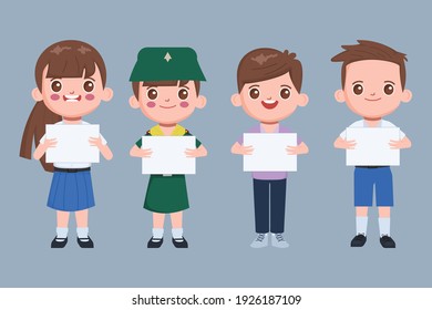 Cute character animation student holding placard banner.